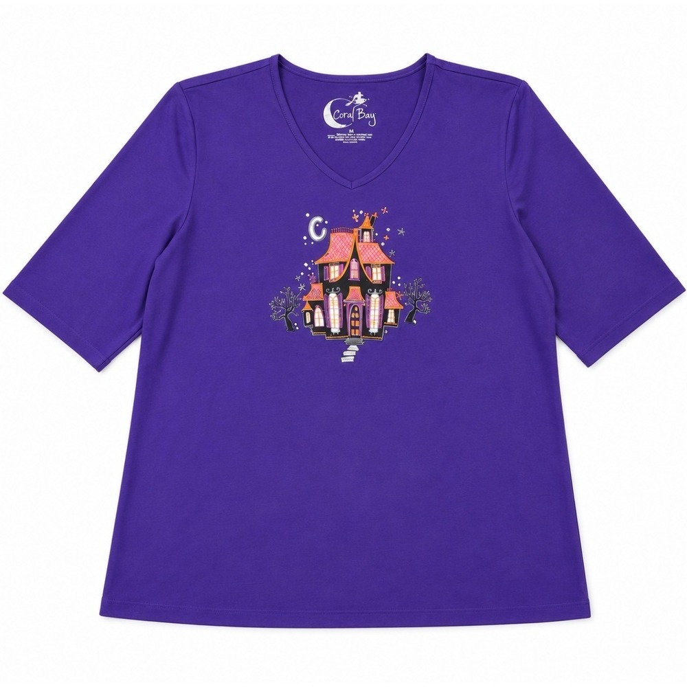 Coral Bay Womens Halloween Haunted House V-Neck T-Shirt Purple XL